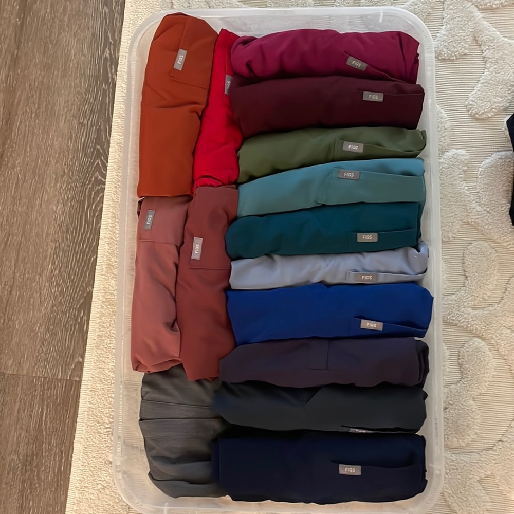 Figs collection. Sizes range from XXS to small. All pants are small/petite.